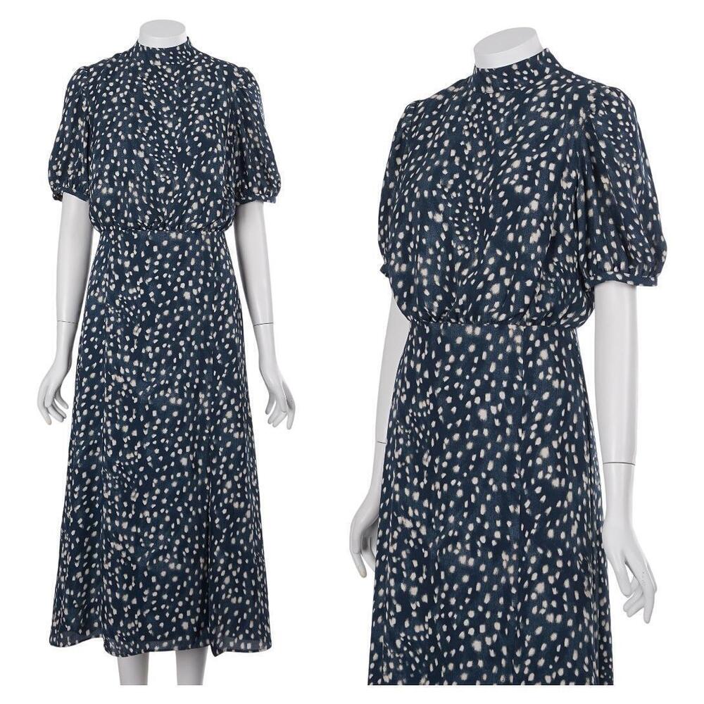 NWT Ann Taylor Dress 2 Teal Green Printed Mock Neck Short Sleeve Front Slit Midi